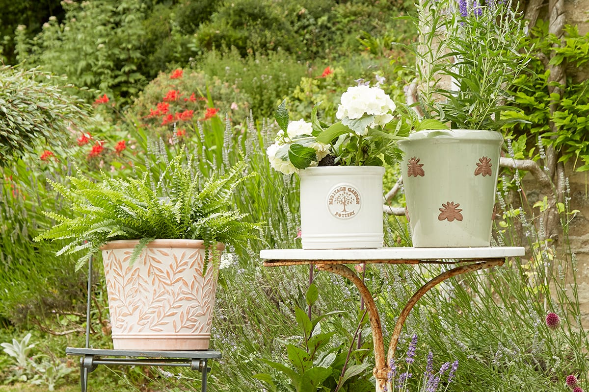 William Morris, Heritage Garden, and Bee designed flower pots in a outdoor setting